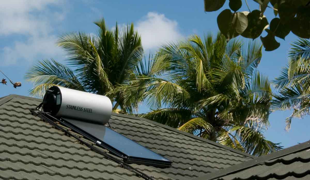 Photo of a solar water heating system installed on a tile roof, with palm trees in the background.